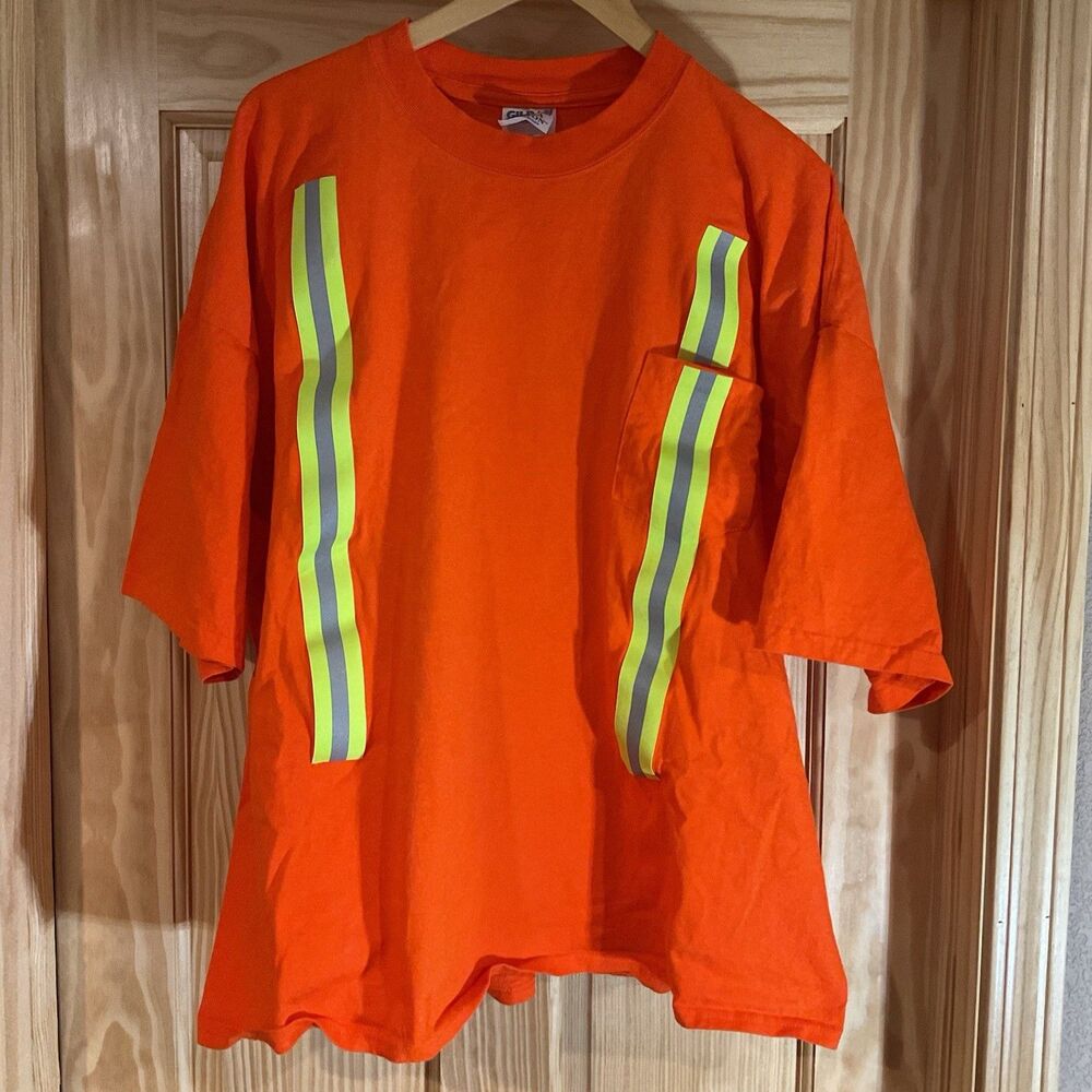 Retro Gildan Ultra Cotton Safety Shirt XXXL Orange Reflective Workwear Hi Vis